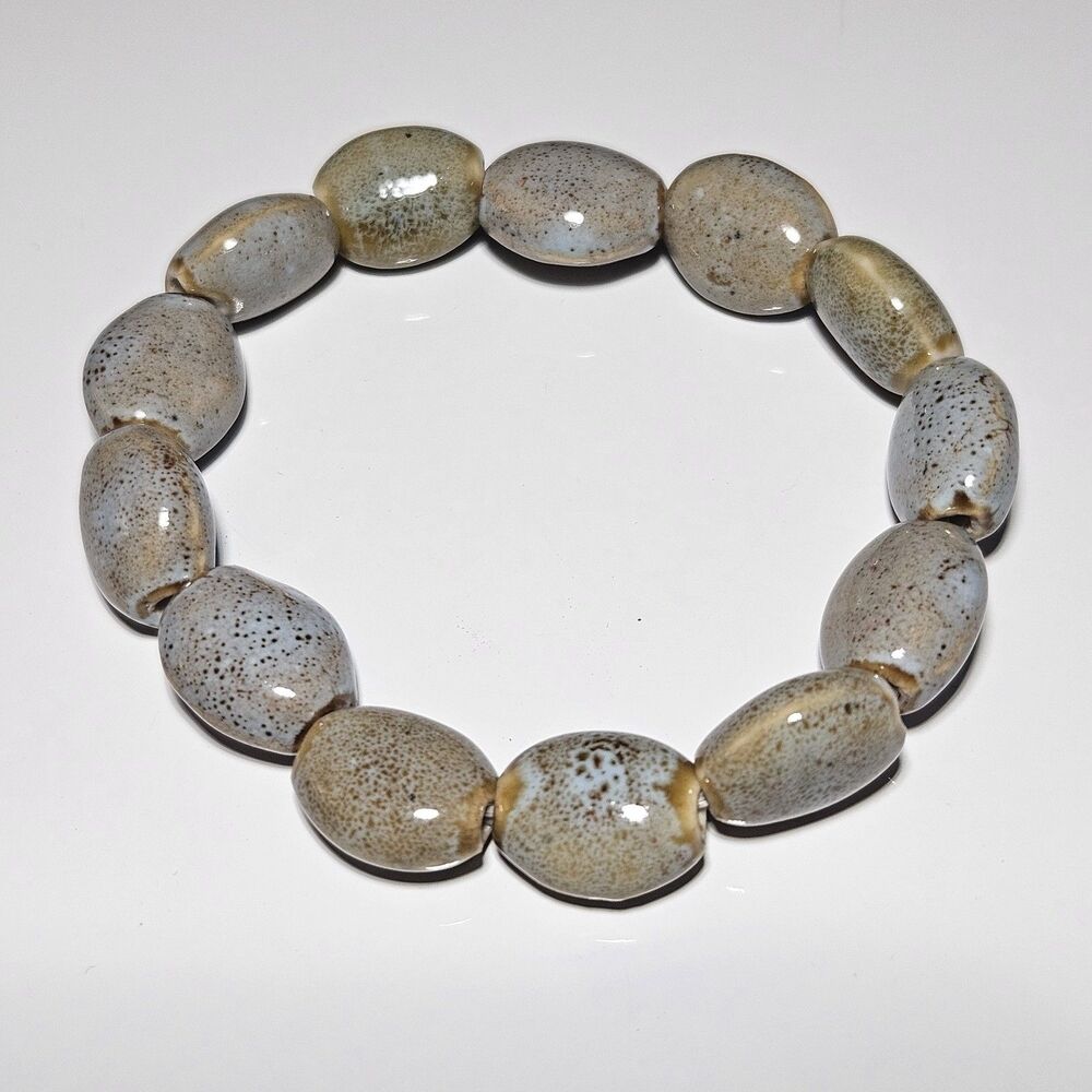 Artisan Blue Brown Oval Ceramic Beaded Stretch Bracelet 7.25"